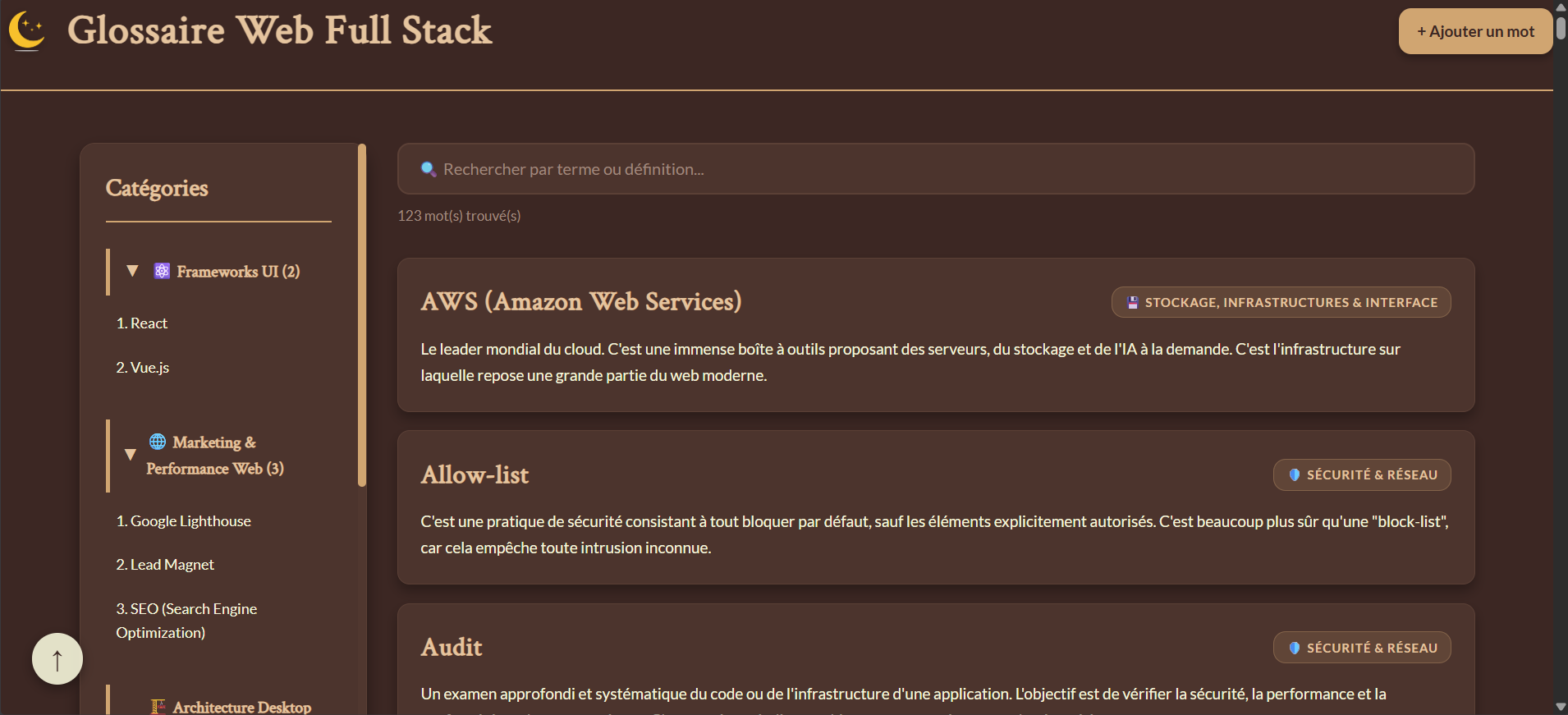 Capture d'écran du Glossaire de stage